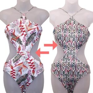 TROPIK Reversible Monokini Swimsuit Halter Cut Out One Piece Bikini Tropical XS